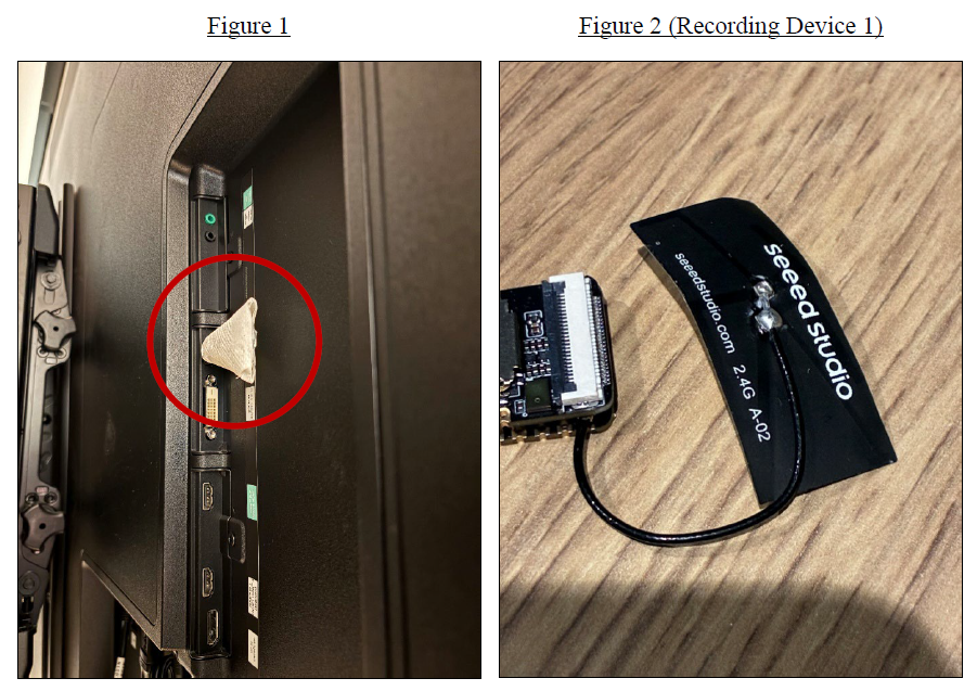Two photographs from the criminal complaint. Left: the back of a television, with a red circle around a small bundle of white toilet paper plugged into a port. Right: a small circuit board attached by a thin cable to a black Seeed Studio 2.4 GHz antenna, labelled Recording Device 1